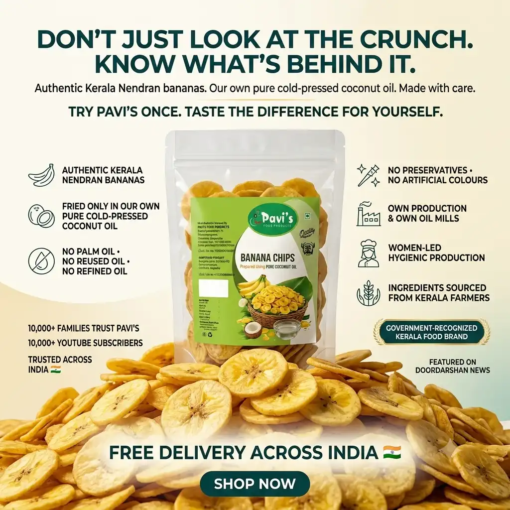 pavis-authentic-kerala-banana-chips Pavi’s Banana Chips 250g pack featuring authentic Kerala Nendran bananas, crispy texture and traditional taste