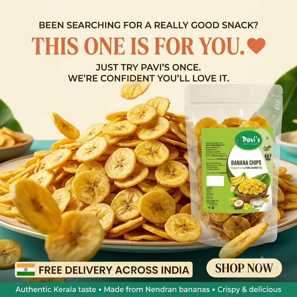 pavis-banana-chips-coconut-oil Pavi’s Kerala Banana Chips product pack with crispy banana slices prepared using pure coconut oil