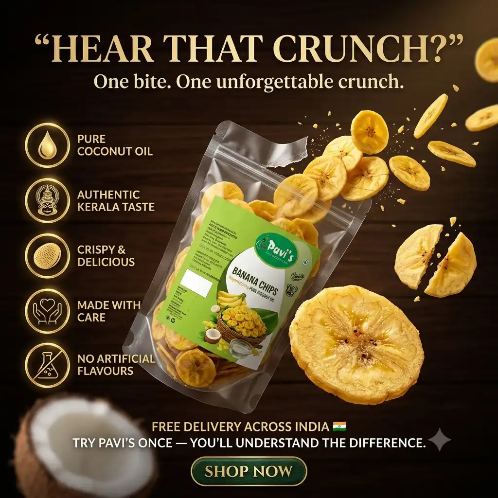 pavis-crispy-banana-chips Pavi’s traditional Kerala Banana Chips with golden crispy slices made from quality Nendran bananas