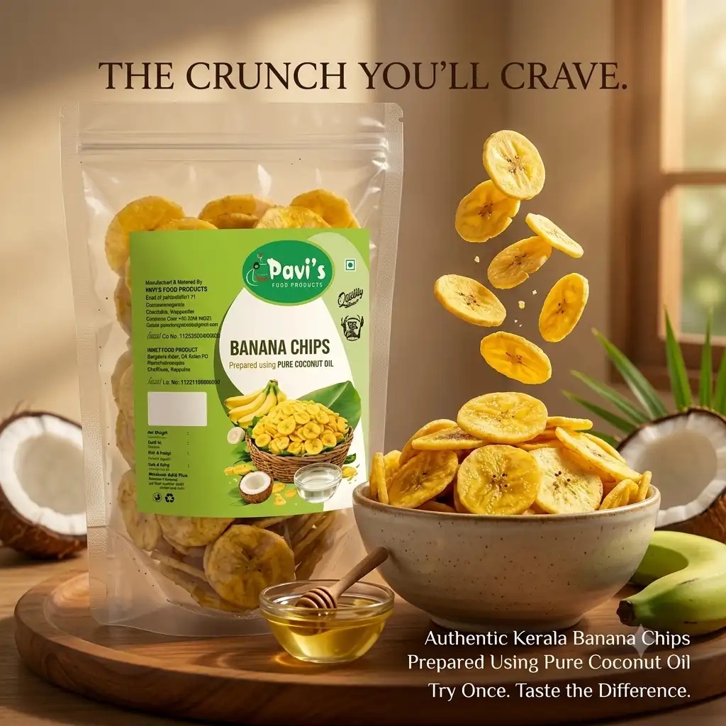 pavis-fresh-kerala-banana-chips Pavi’s Banana Chips product pack highlighting authentic Kerala taste and pure coconut oil preparation