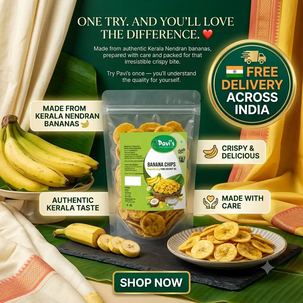 pavis-nadan-banana-chips-kerala Pavi’s crispy Banana Chips served in a bowl with fresh Kerala Nendran bananas and coconut