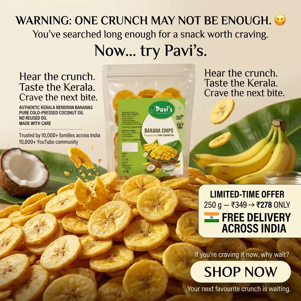 pavis-traditional-banana-chips avi’s authentic Kerala Banana Chips pack with crispy golden banana chips and coconut oil