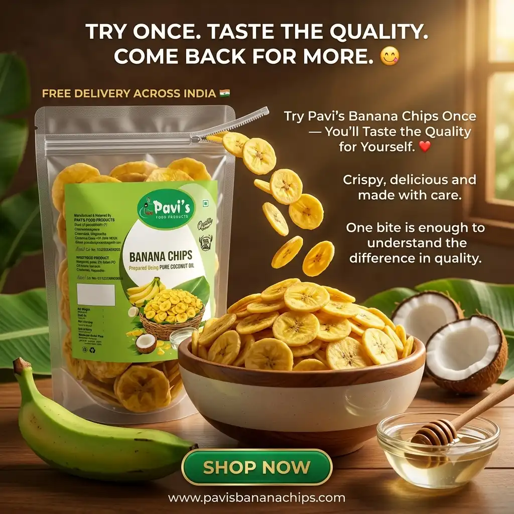 pavis-traditional-kerala-snack Pavi’s Banana Chips featuring traditional Kerala Nendran bananas and crispy golden slices