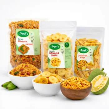 Authentic Kerala Puru snack combo with coconut oil fried mixture and crispy banana chips