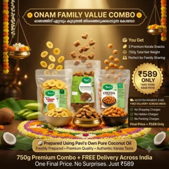 Pavi's Onam Snack Combo with Banana Chips, Sharkara Varatti and Cheeda