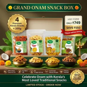 1. Pavi's Kerala Snacks Combo with Banana Chips, Jackfruit Chips, Kerala Mixture and Sharkkaravaratti prepared in pure coconut oil.