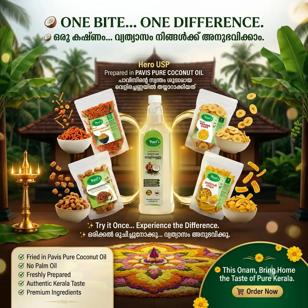 pavis -combo -jackfruitschips Pavi's Kerala Snacks Combo 800g with Banana Chips, Jackfruit Chips, Kerala Mixture and Sharkkaravaratti prepared in Pure Coconut Oil
