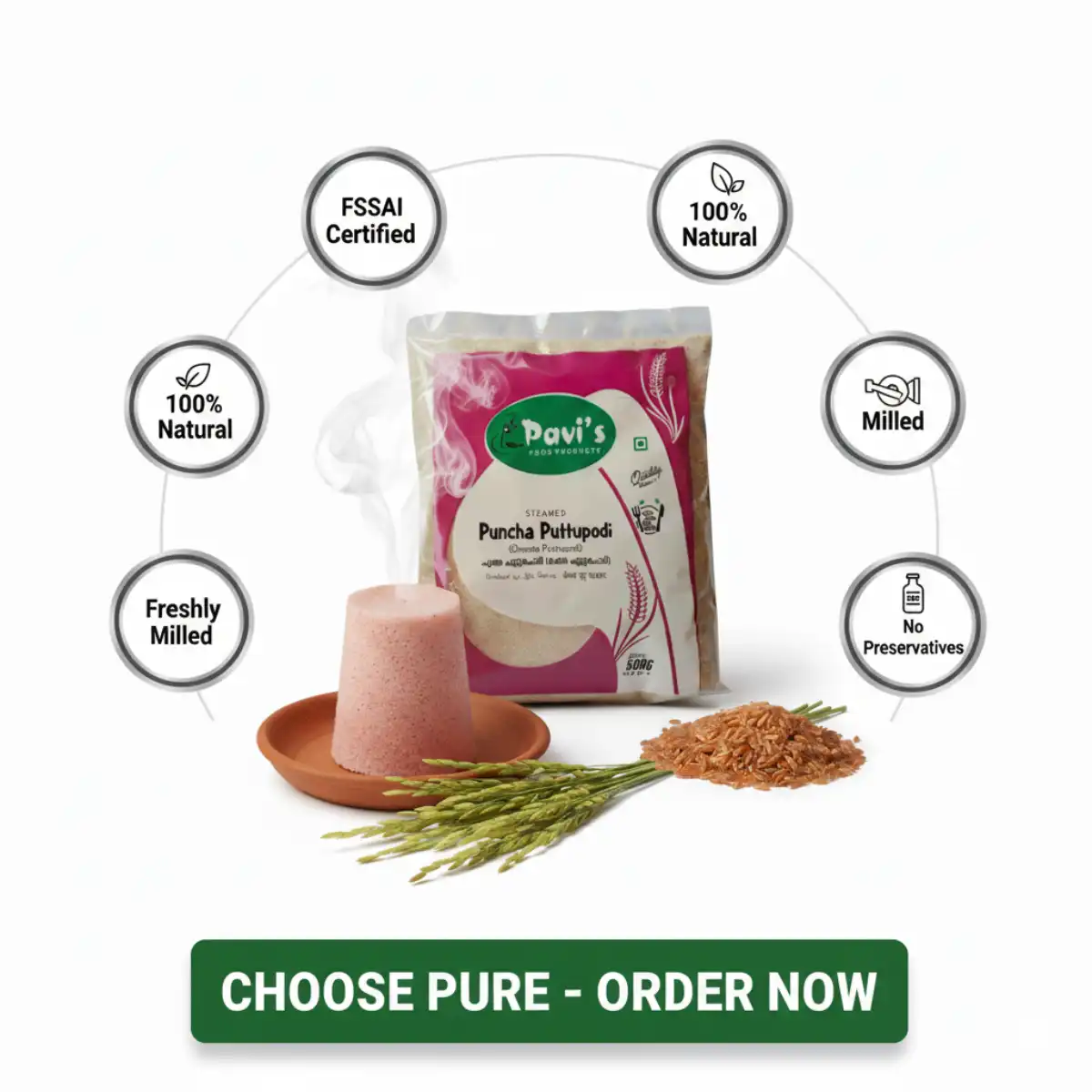 authentic-kerala-puttu-powder. Authentic Kerala Puncha Puttu Powder hygienically processed and packed by Pavi's Food Products