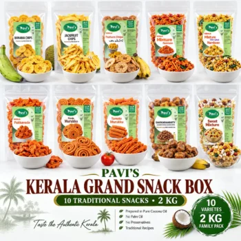 **ALT Text:** `Pavi's Kerala Snack Combo with 10 varieties of authentic Kerala snacks, 2 KG total`